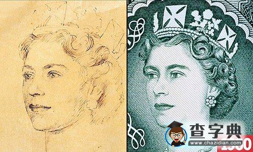 英國央行展示鈔票圖案上女王面貌變化1