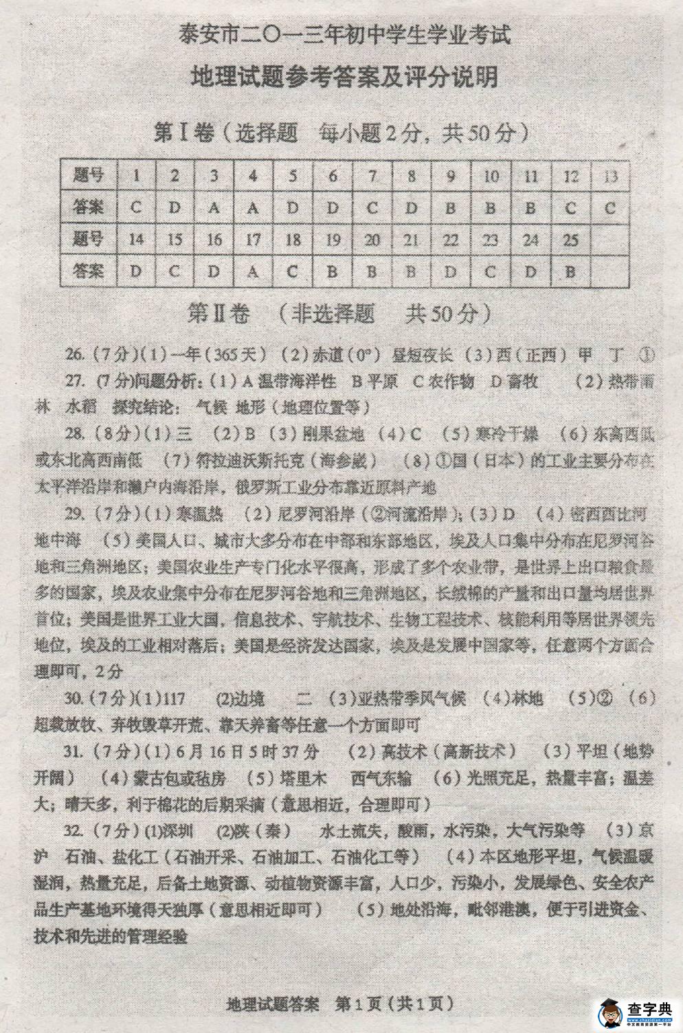 山東泰安2013年中考地理答案（圖片版）