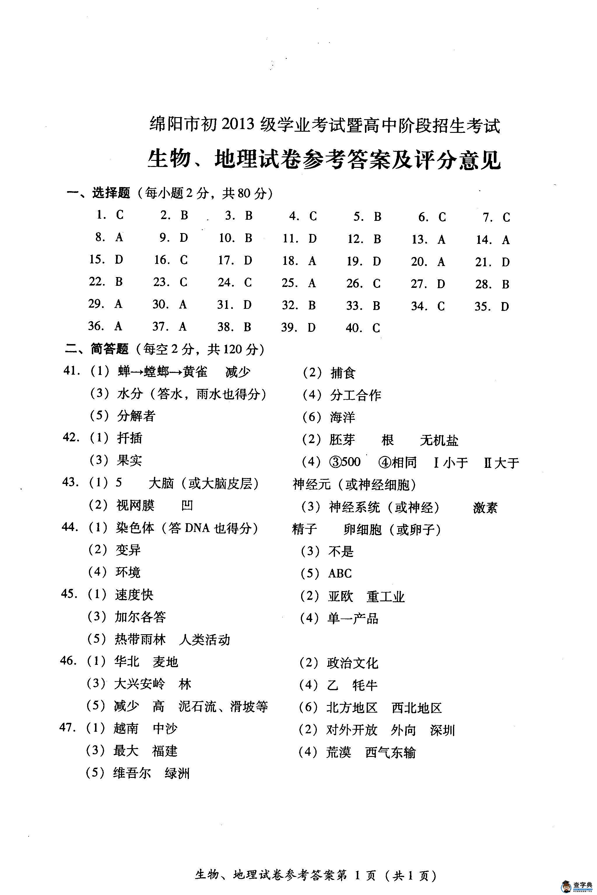 四川綿陽2013年中考生物、地理答案（圖片版）