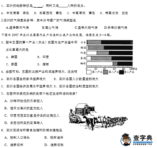 第一學(xué)期七年級地理期末模擬試題